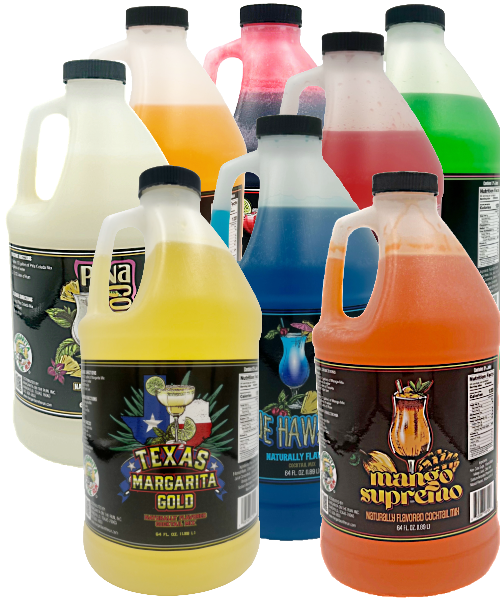 Frozen drink and margarita mix bottles on display, promoting sales in Phoenix, Arizona.