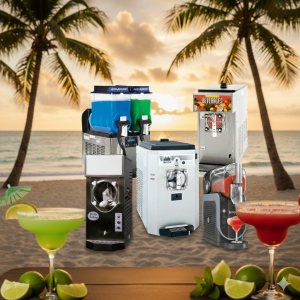 Professional frozen drink machines including Bunn Ultra NX, Grindmaster Crathco 3311, Taylor 430, and Ninja SLUSHi, perfect for freezing Texas Margarita Gold™ gourmet drink mixes in restaurants and bars.