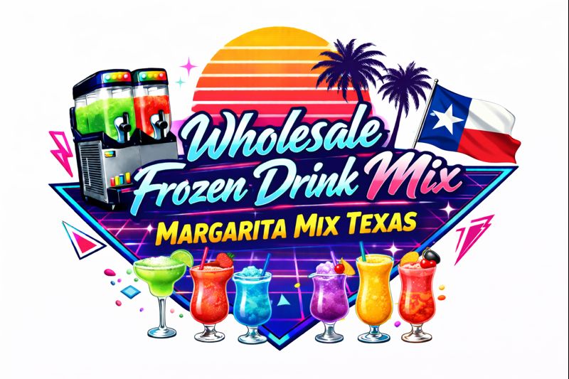 Wholesale Frozen Drink Mix – Margarita Mix Texas with Texas flag, colorful frozen drinks, and dual-tank frozen drink machine
